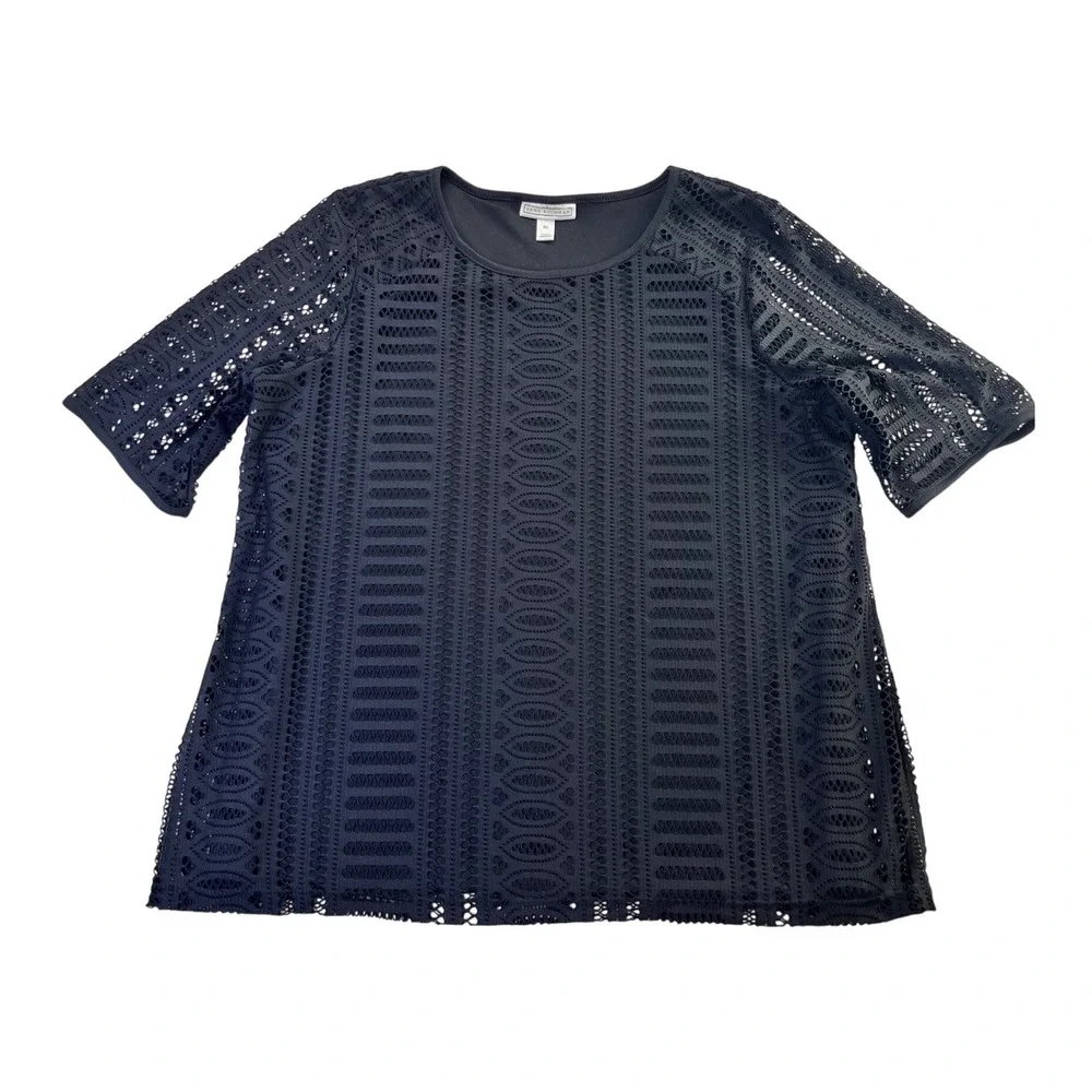 Dana Buchman Black Lined Lace Top Elbow Sleeve Geometric Eyelet Blouse Womens XL - Picture 1 of 11